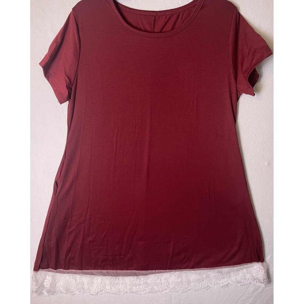 Womens Shirt size 4XL Burgundy short sleeve‎ scoop neck & Lace Bottom 2 Pockets